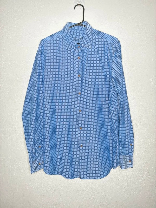 Tasso Elba Men’s Blue Checked Grid Pattern Button Up Shirt Size M