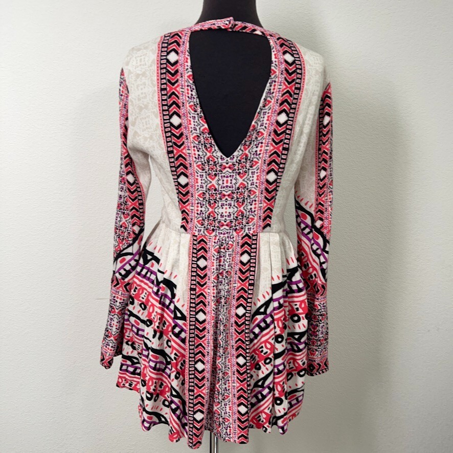 Free People Dress Women Dress 4 Pink Tegan Mini Dress V Neck Long Sleeve Boho