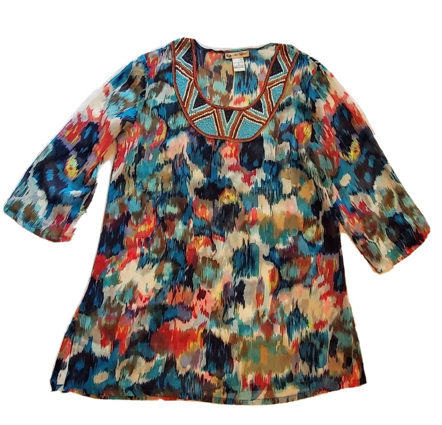 Cute Options Beaded Tunic Women’s Size Medium Floral Sheer Gauzy Cruise-wear 