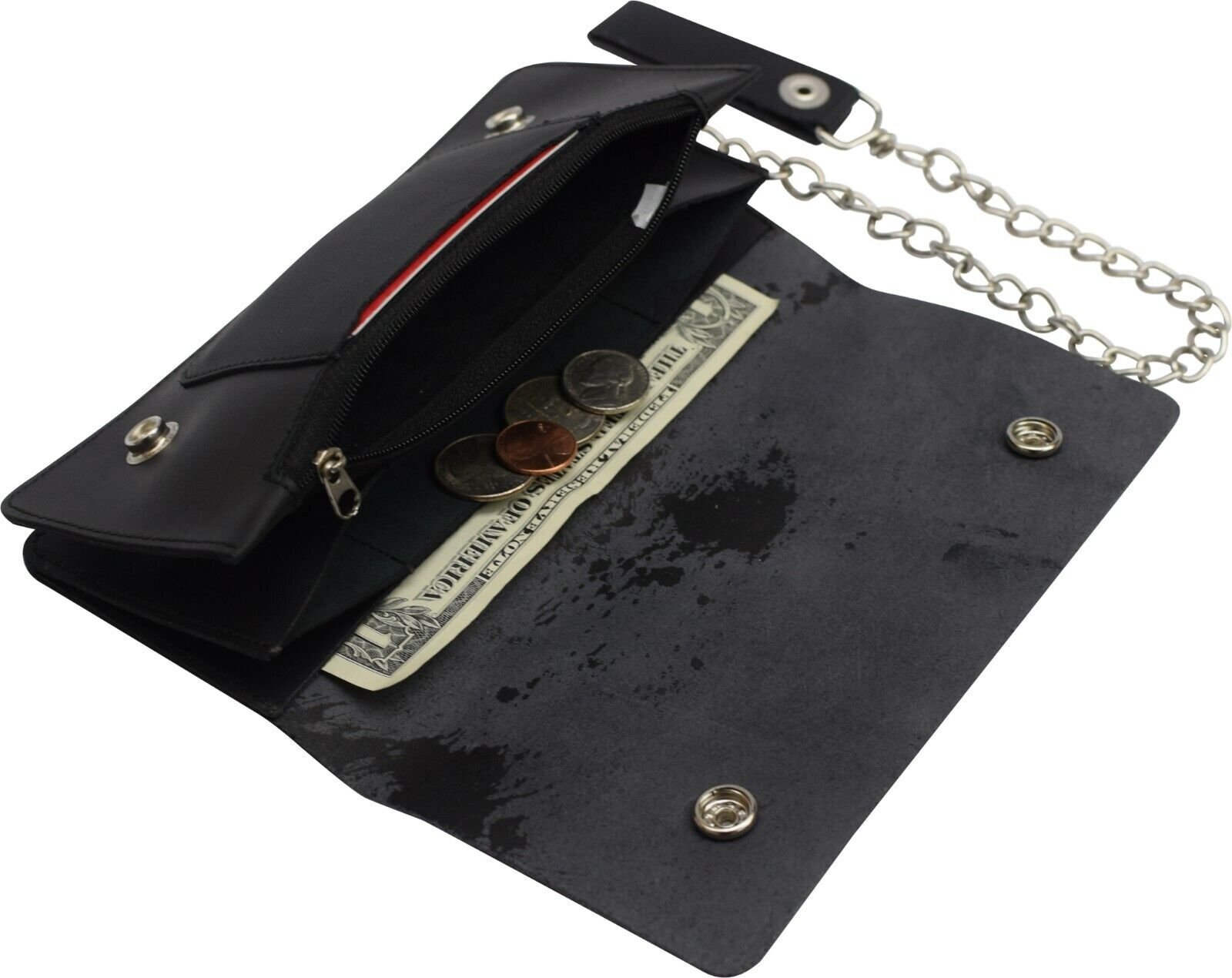 Leather Men Motorcycle Trucker Biker Chain Wallet With Inside Zipper, Black
