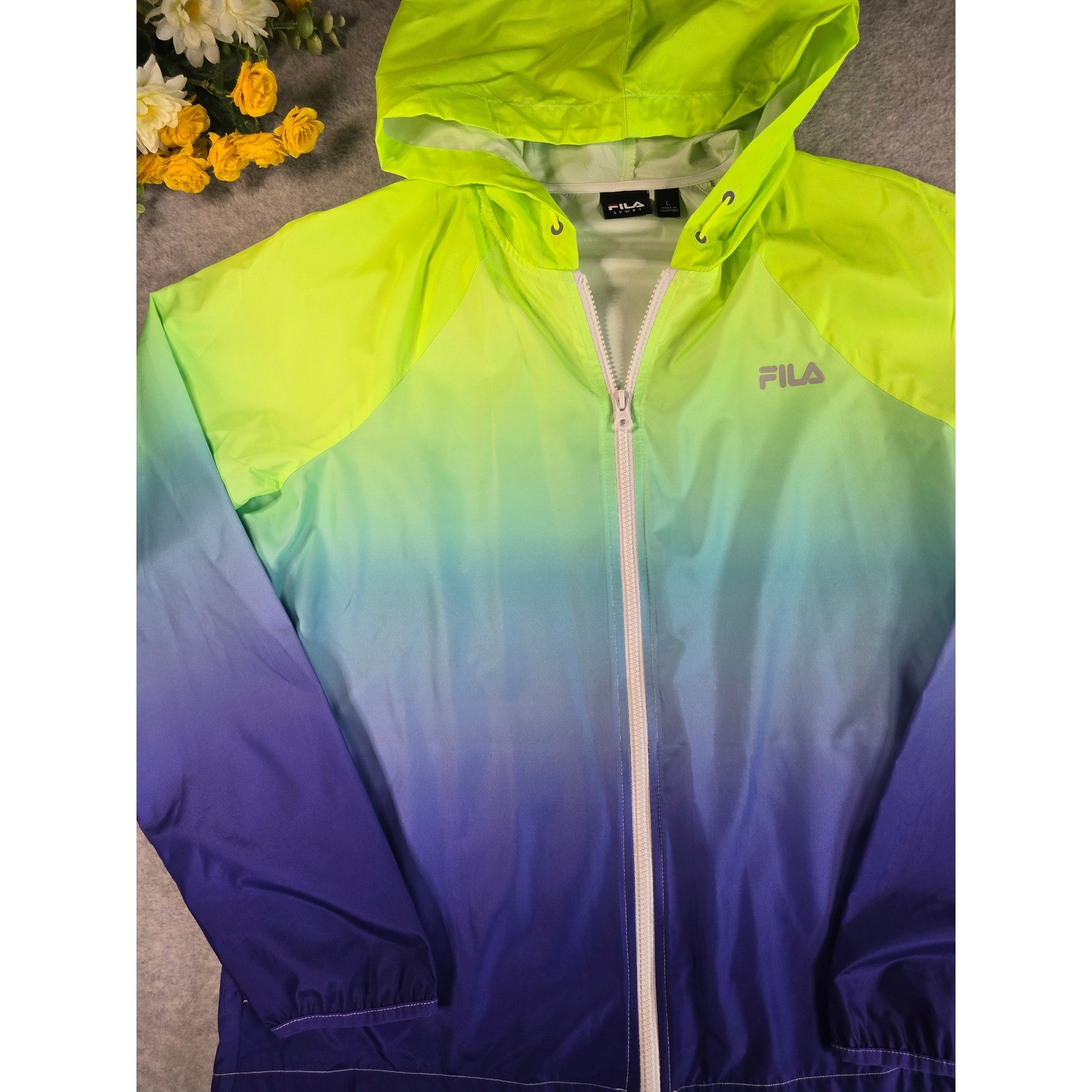 Fila Sport Womens Windbreaker Hooded Jacket Neon Green Blue Ombre Large L