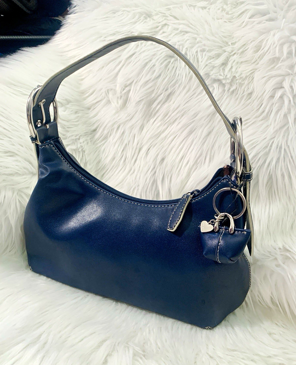 Nine West Blue Crescent Shoulder Bag Zip Closure Inner Pockets Silver Hardware