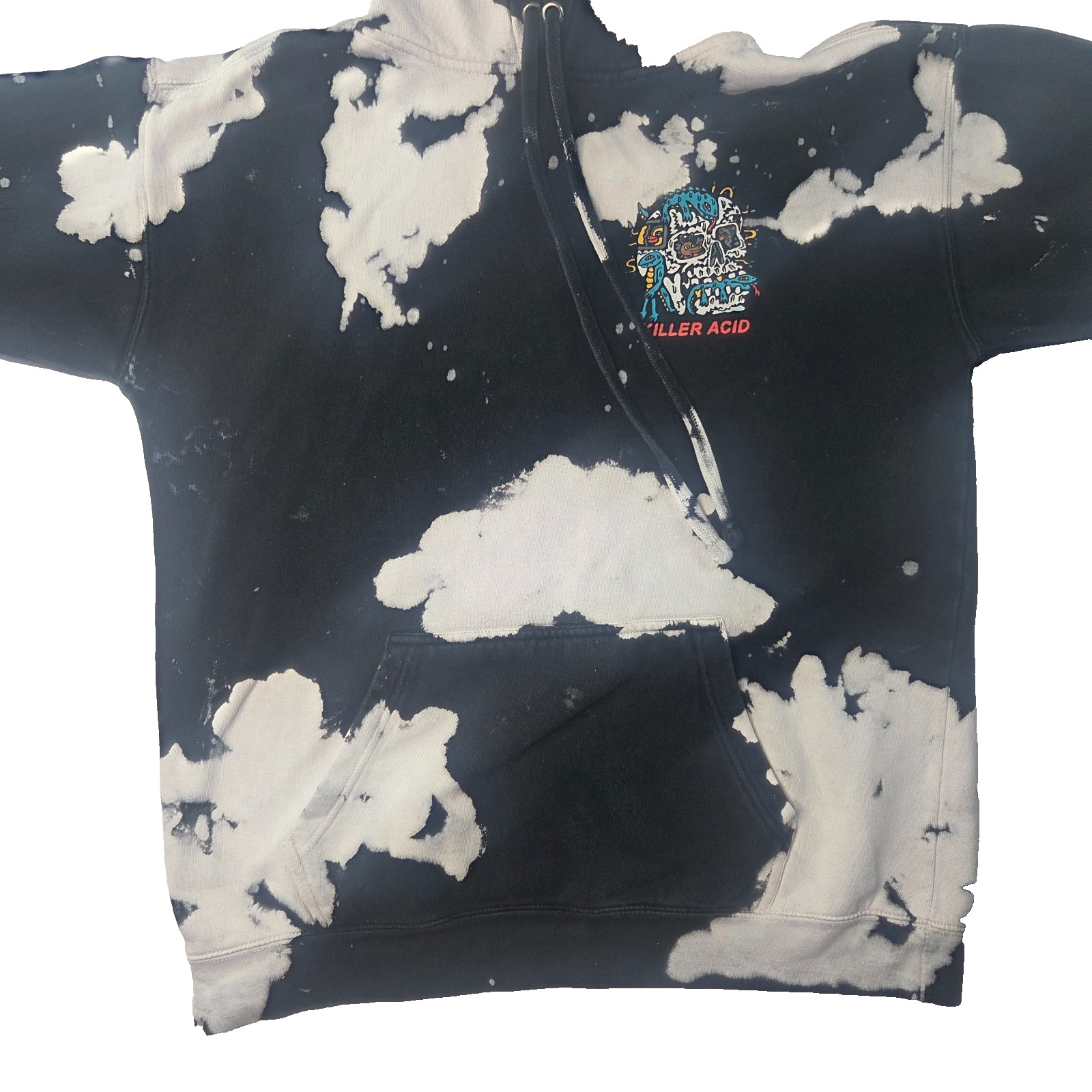 Killer Acid Bleach Dye Hoodie Medium Black White Graphic Skull Pullover