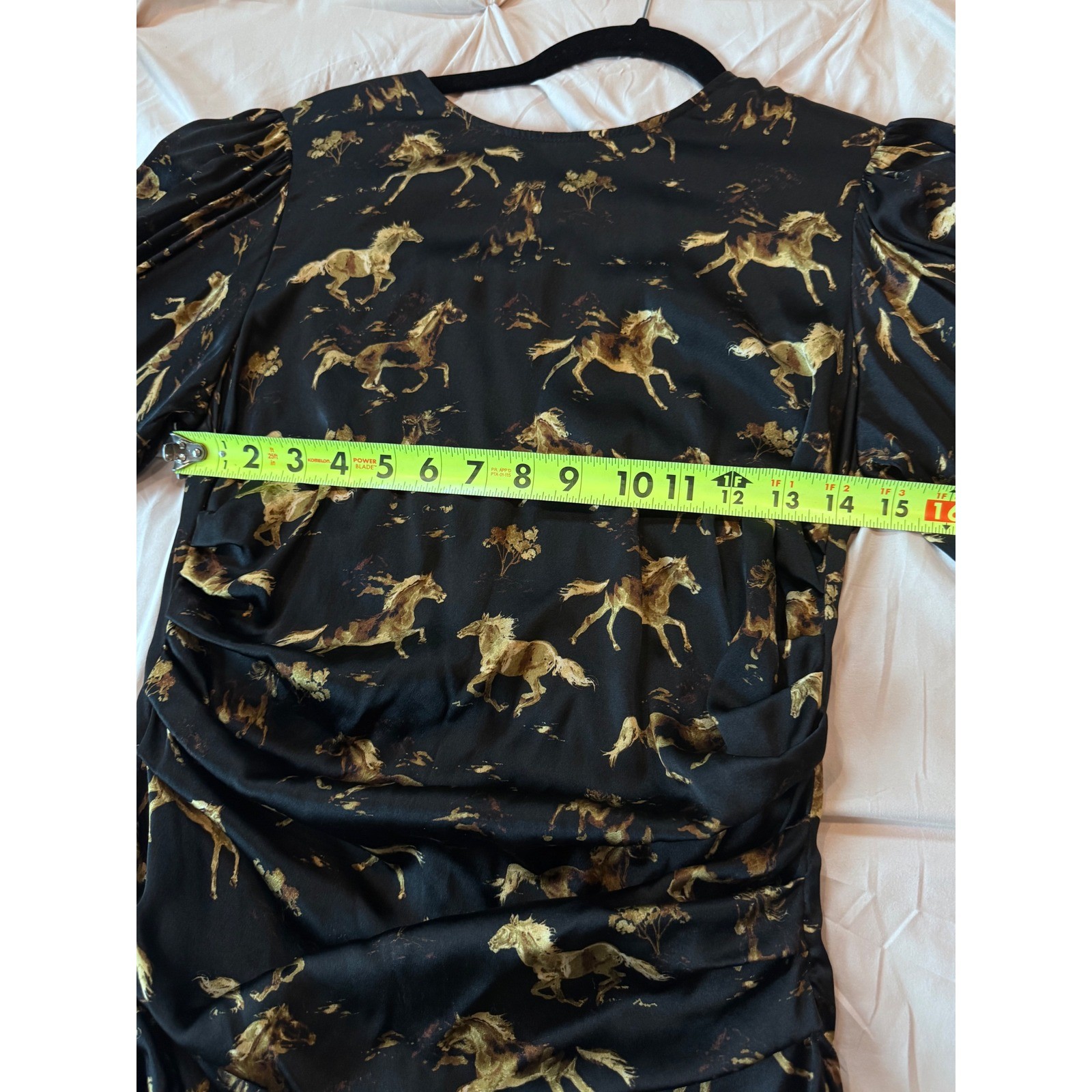 Ganni Horse Print Silk Stretch Ruched Mini Dress Black Gold Size 36 US 4 6131