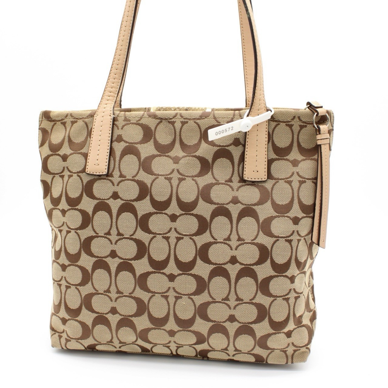 COACH Signature Canvas Leather Tote Bag Beige Brown Snakeskin Embossed Silver