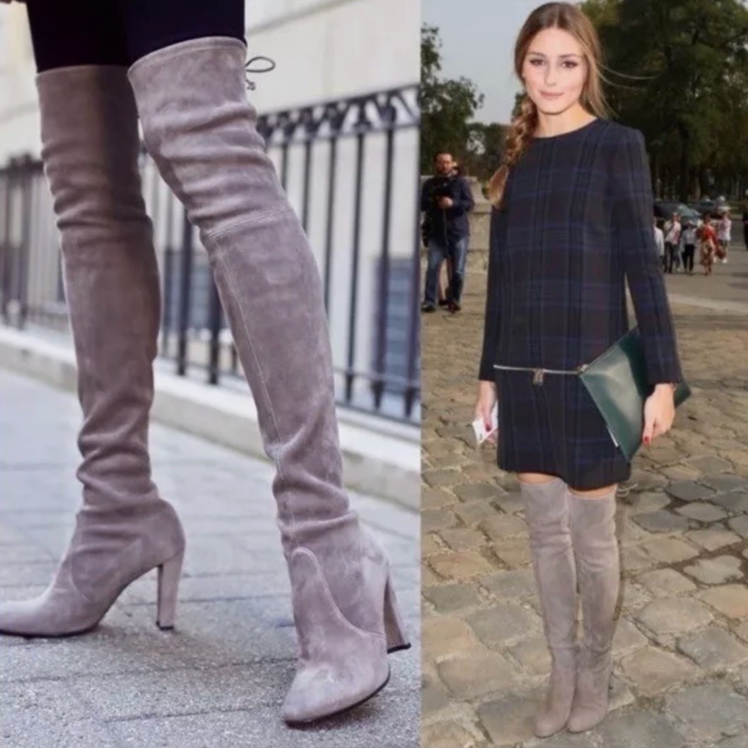 Stuart Weitzman Highland Boots Over the Knee Thigh High Gray Block Heel sz 38
