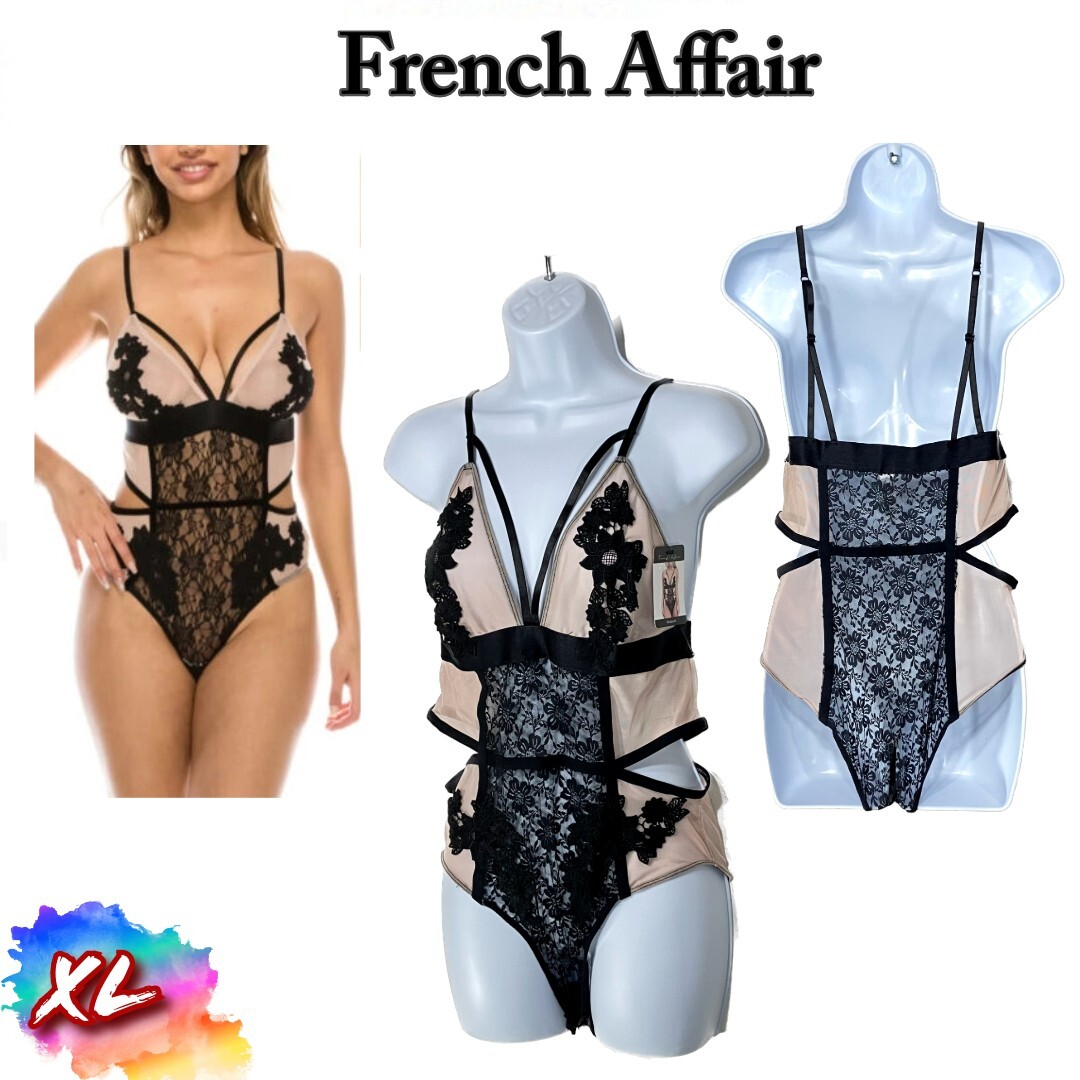 NWT French Affair XL Khloe Lace Bodysuit WS55027 Black/Nude $52