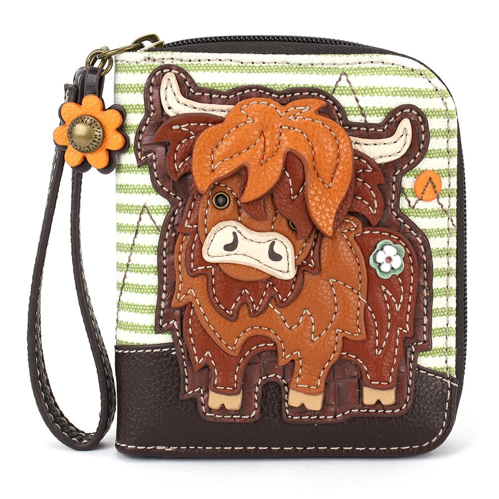 NEW CHALA HIGHLAND COW STRIPED GREEN WHITE ZIPPERED WALLET FAUX LEATHER