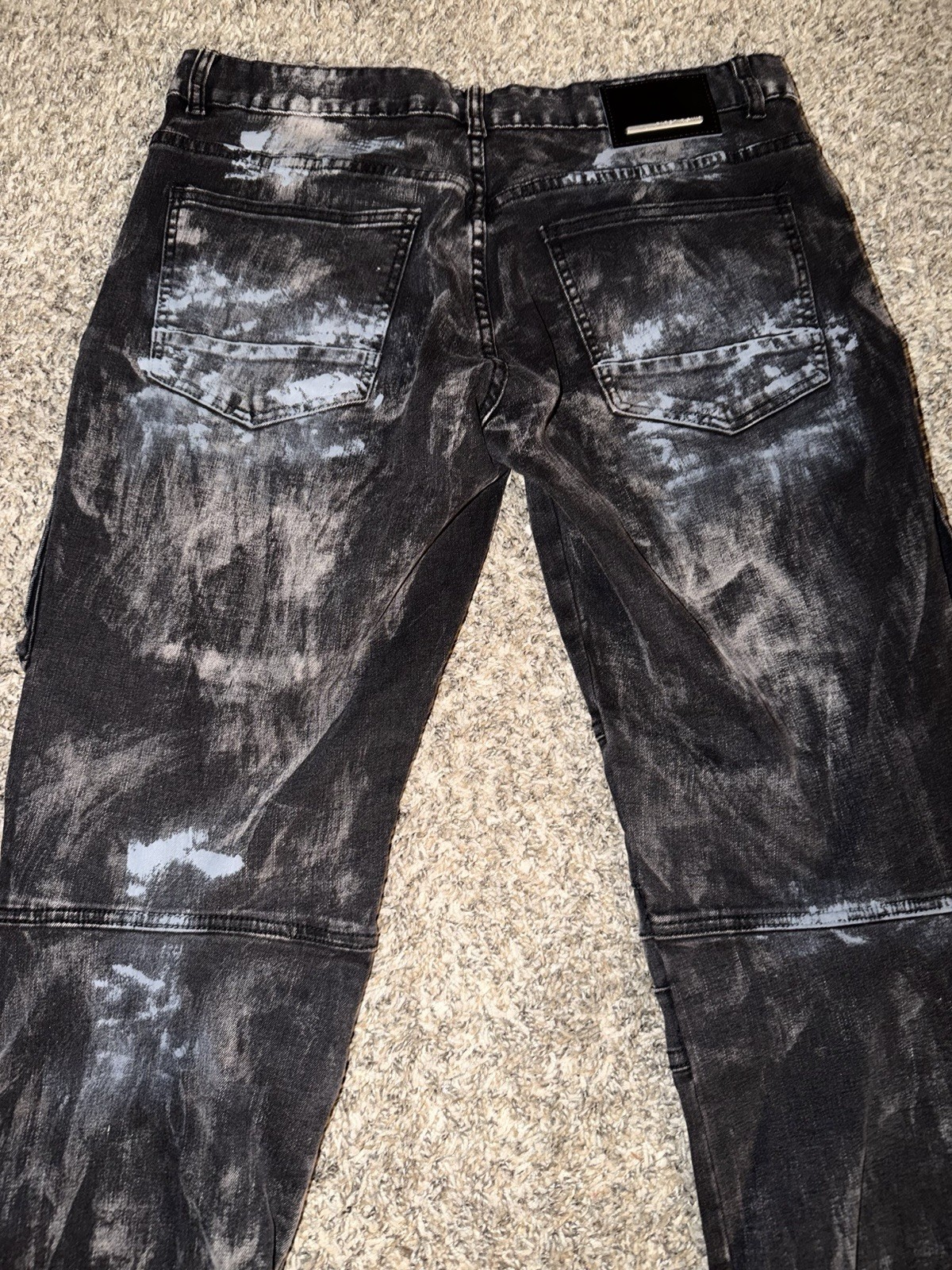 Men’s Distressed Cargo Paint Splatter Zipper Pocket Jeans Pants Stretch Black 34