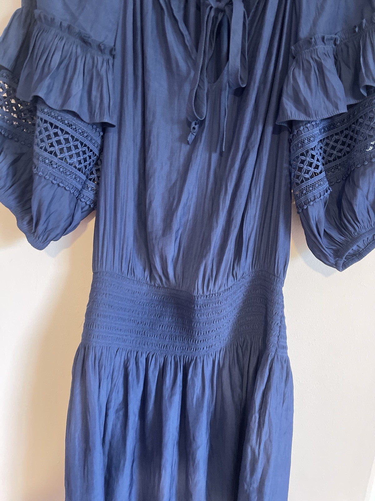 Ramy Brook New York Blue Solid Mini Dress S V-Neck Smocked Balloon 3/4 Sleeve