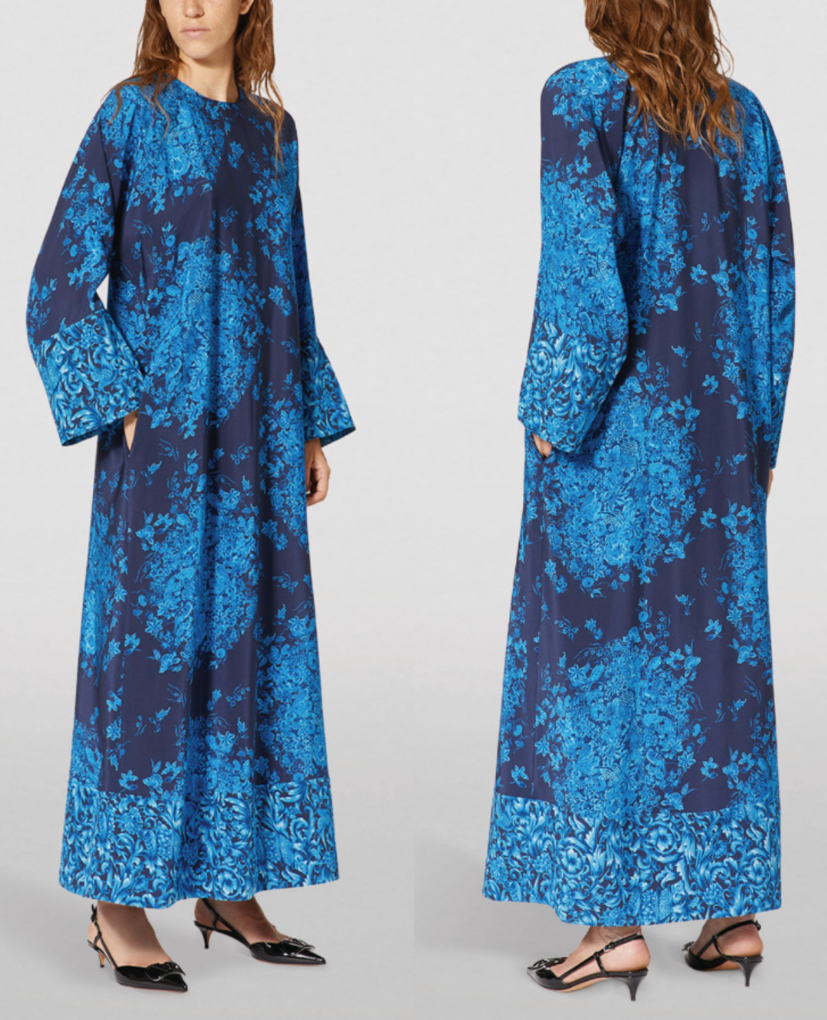 VALENTINO GARAVANI SILK Caftan Maxi Dress Delft Floral Print Kleid Maxikleid M