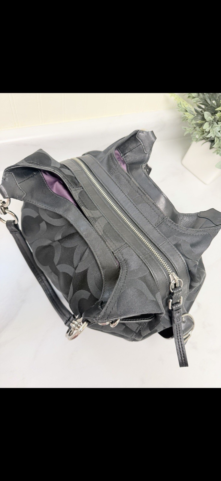 Coach Signature Logo Shoulder Bag Black/Gray Zip Purple Lining