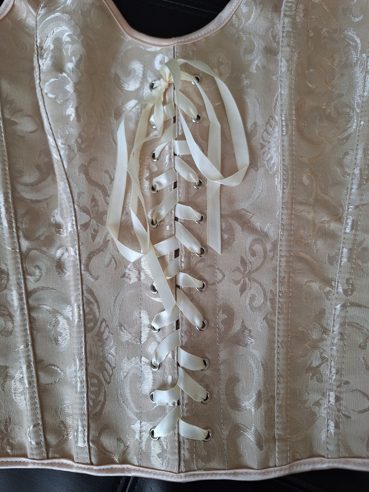 NEW Beige Satin Jacquard Strap Bustier Ribbon Lace up & Zipper Closure Corset L