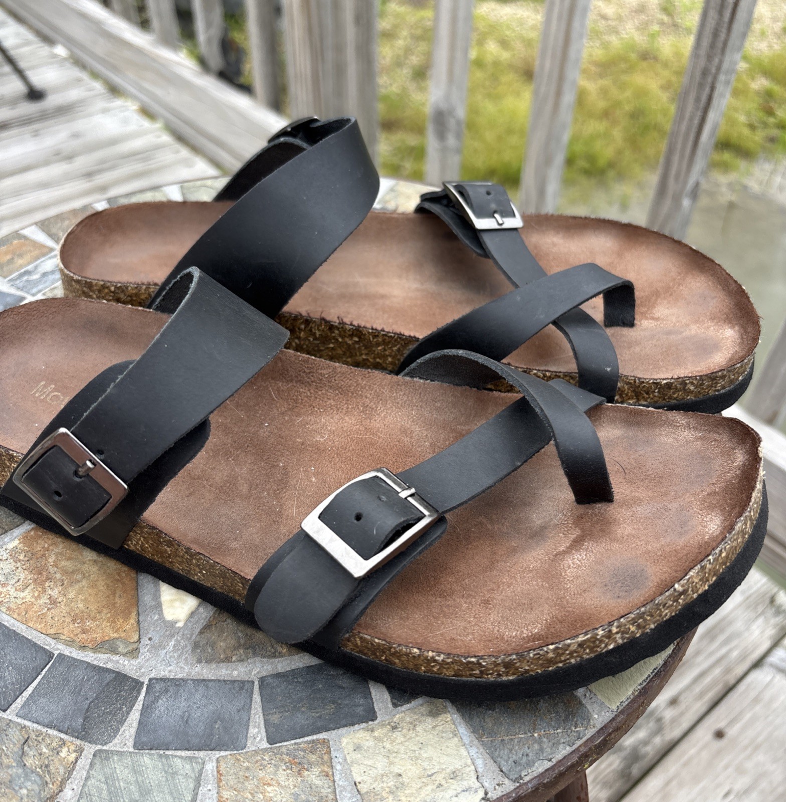 Mountain Sole Birk Style Slip On Leather Sandals Black Strap Buckles Womens Sz 9