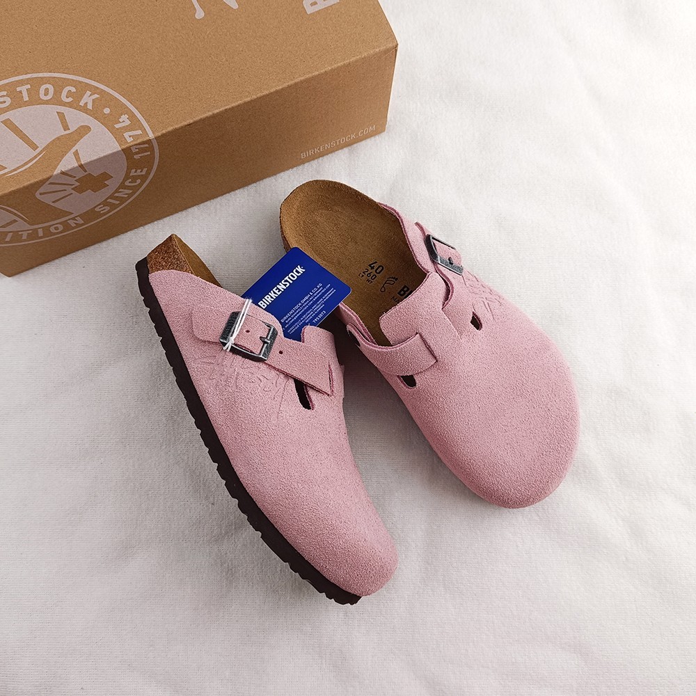 Women’s Birkenstock × Stussy Boston Clog Dusty Pink Suede Leather Wide Shoes