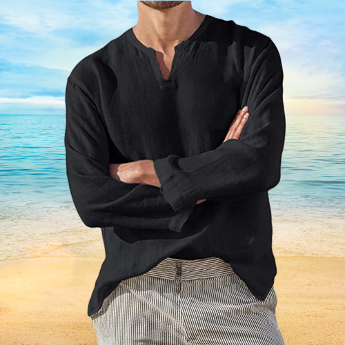 Men’s Shirt Long Sleeve Cotton Linen T-shirt V-Neck Solid Breathable Casual NEW