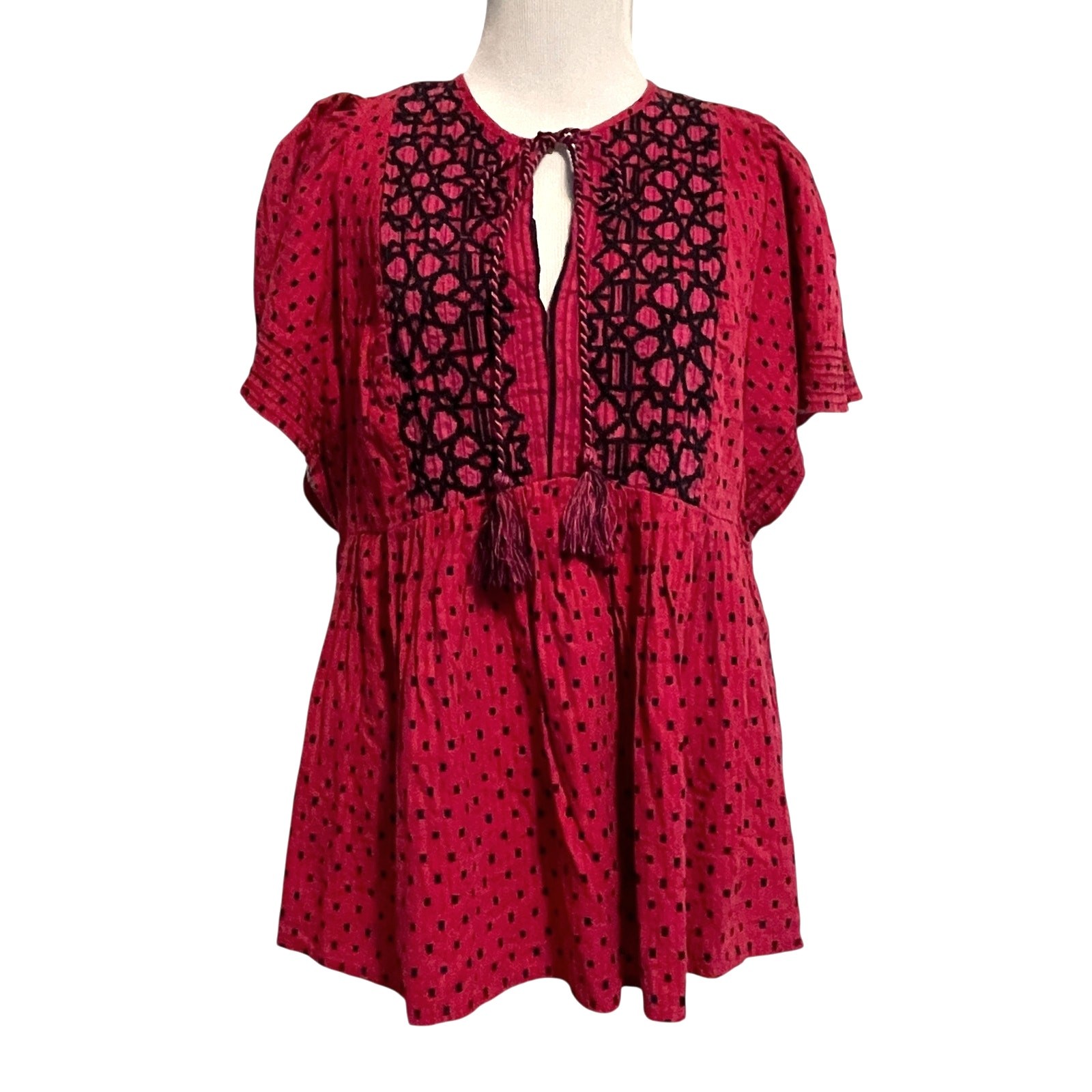 Knox Rose Embroidered Peasant Top Womens Medium Hot Pink & Black Boho Babydoll