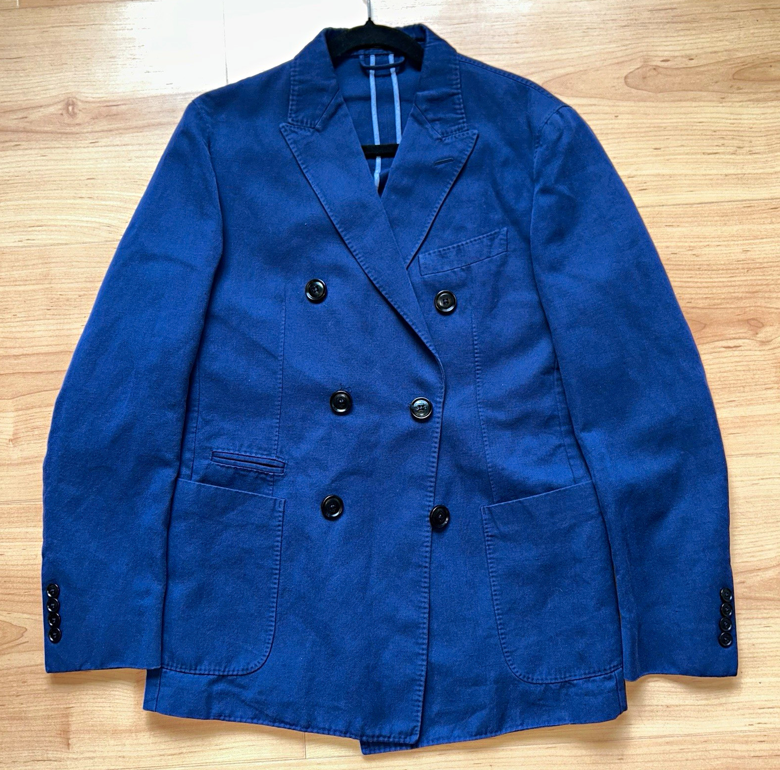 Ermenegildo Zegna Blue Slim Double-Breasted Suit Jacket Cotton Twill 44R 38×32