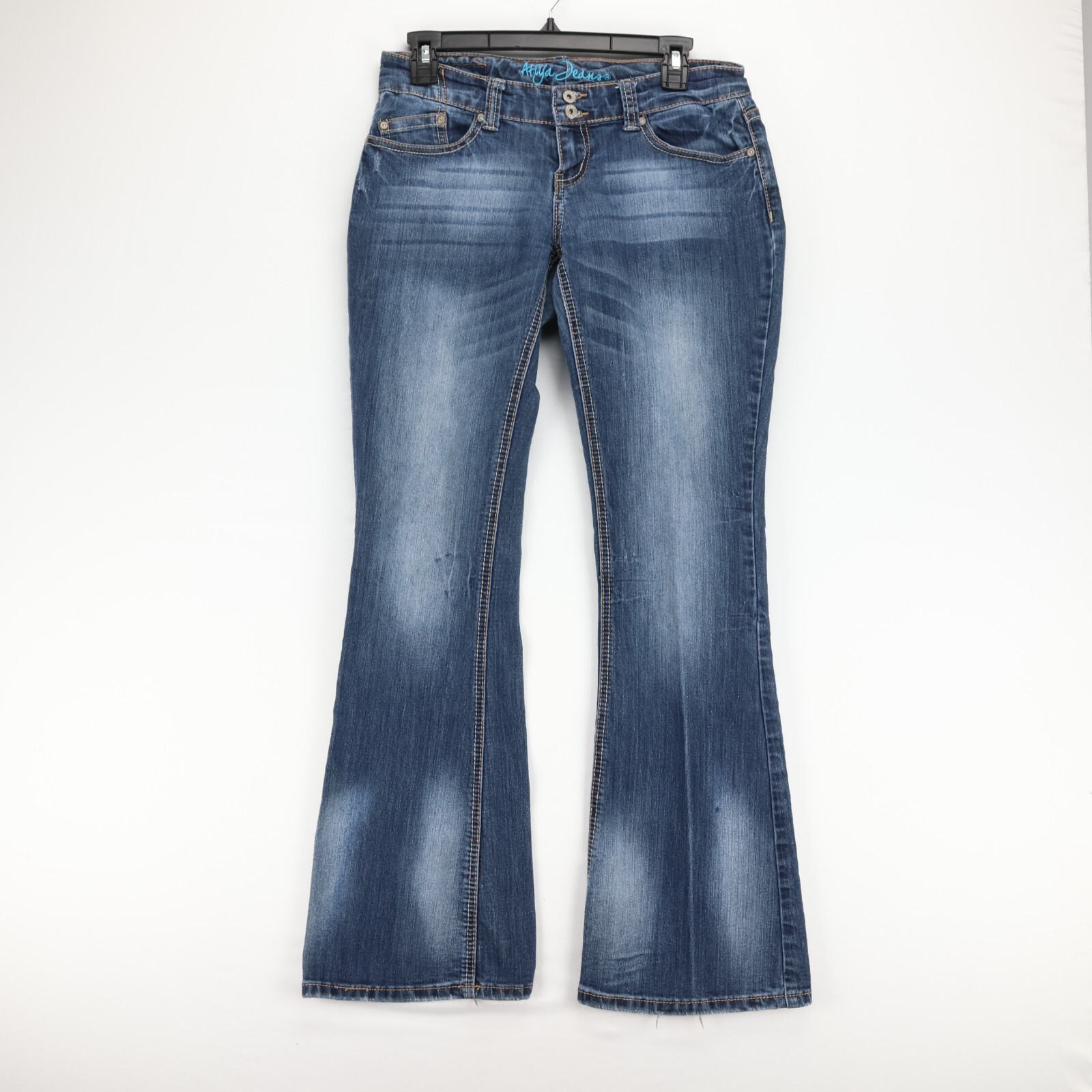 Ariya Womens Embroidered Flare Jeans 5/6 Dark Wash Wide Leg Y2K