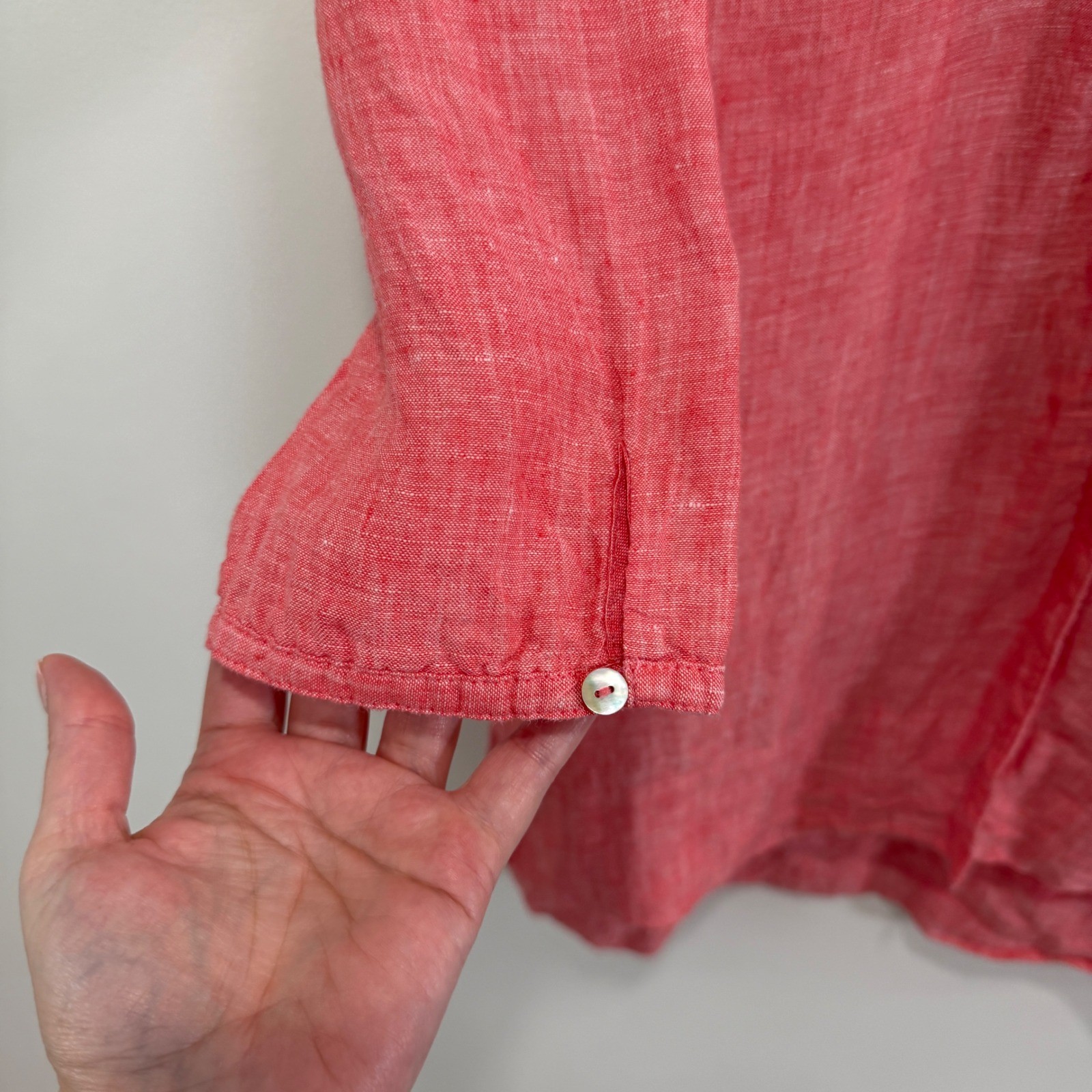 Willi Smith 100% Linen Button Up Tunic Top L Pockets Pink V-Neck Beachy Resort