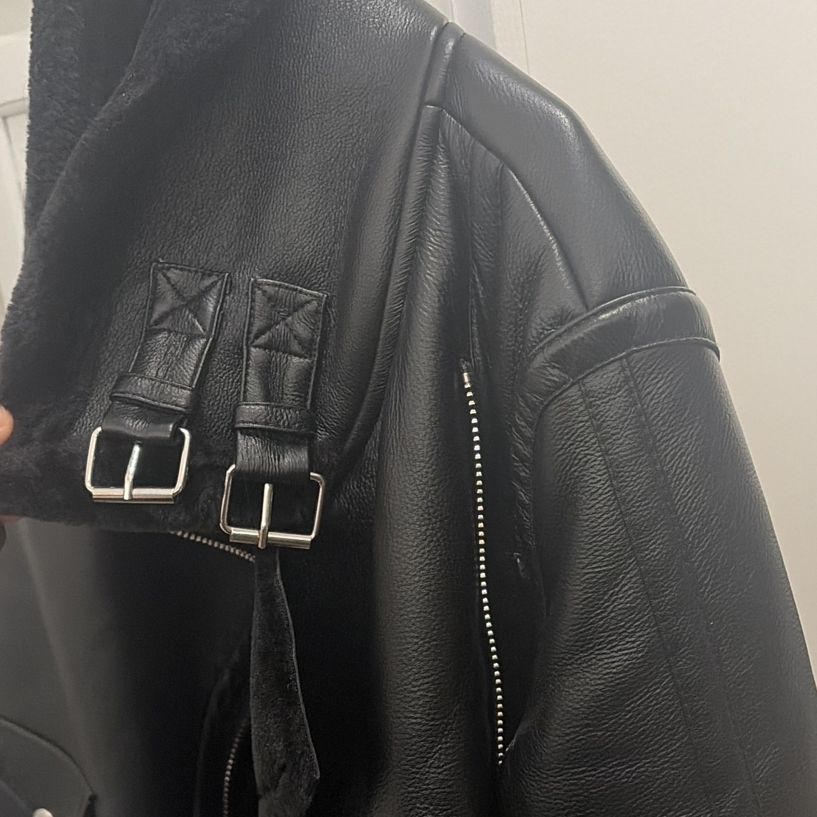 Topshop Black Faux Leather Lined Moto Biker Jacket Buckle Zip Women’s US 4