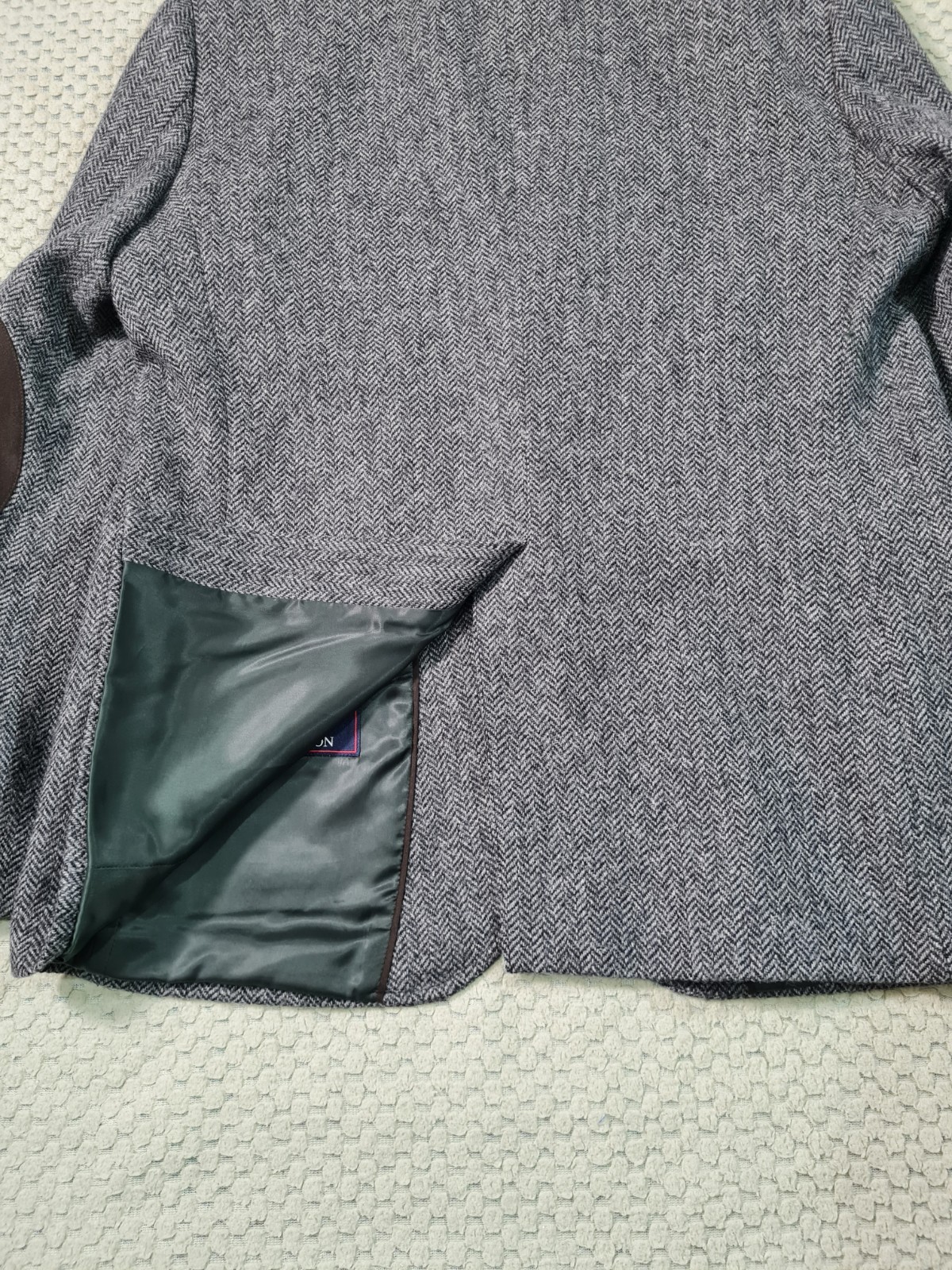 M&S Luxury Moon Tweed Blazer Jacket Grey Herringbone Wool Elbow Patches 42R