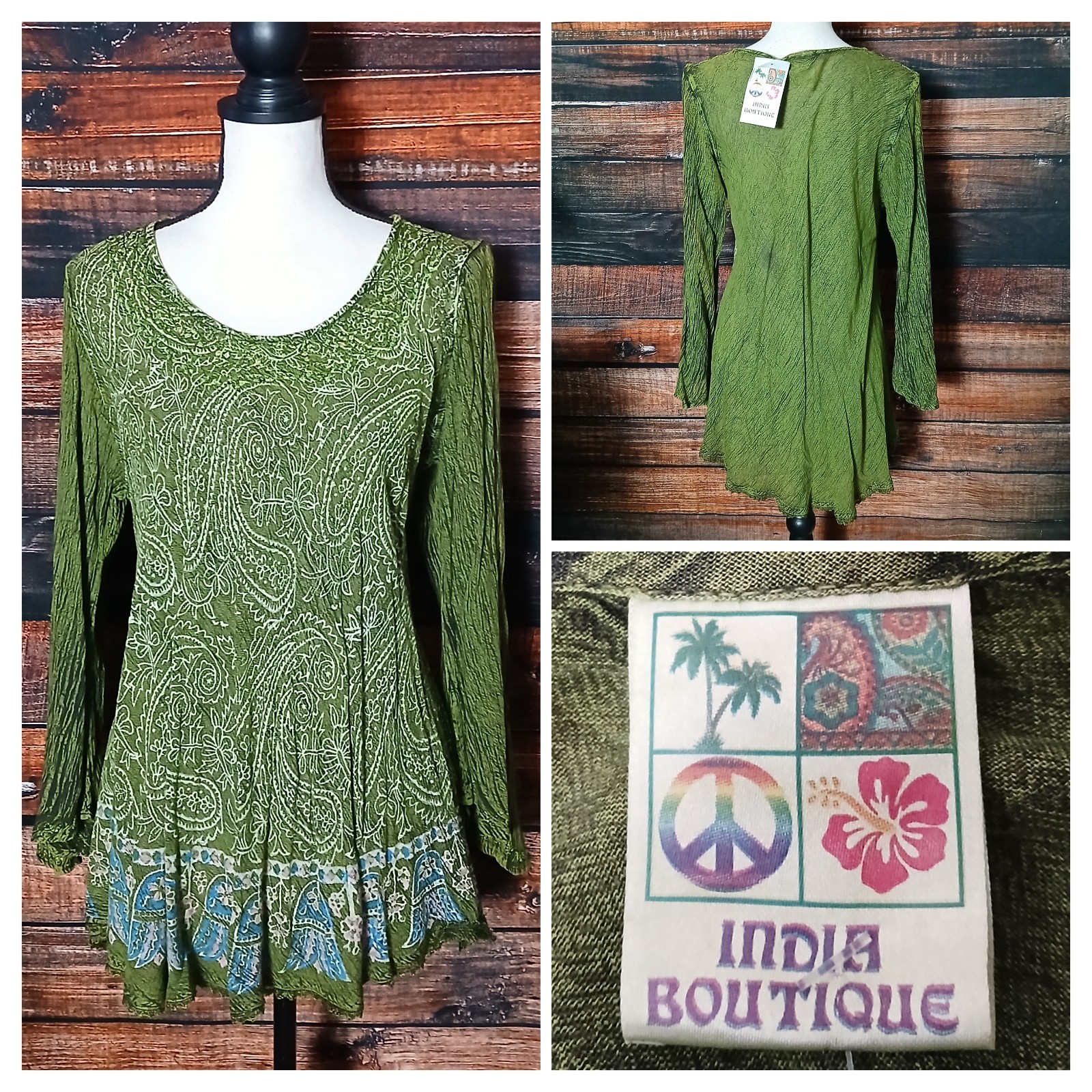India Boutique Peasant Top Free Size Green Bohemian Sequin Flare Sleeve NWT