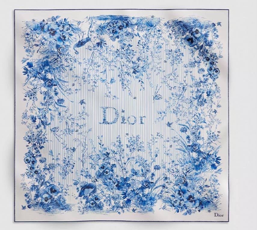 Dior 76×76 Square Silk Scarf Floral Pattern blue/grey color