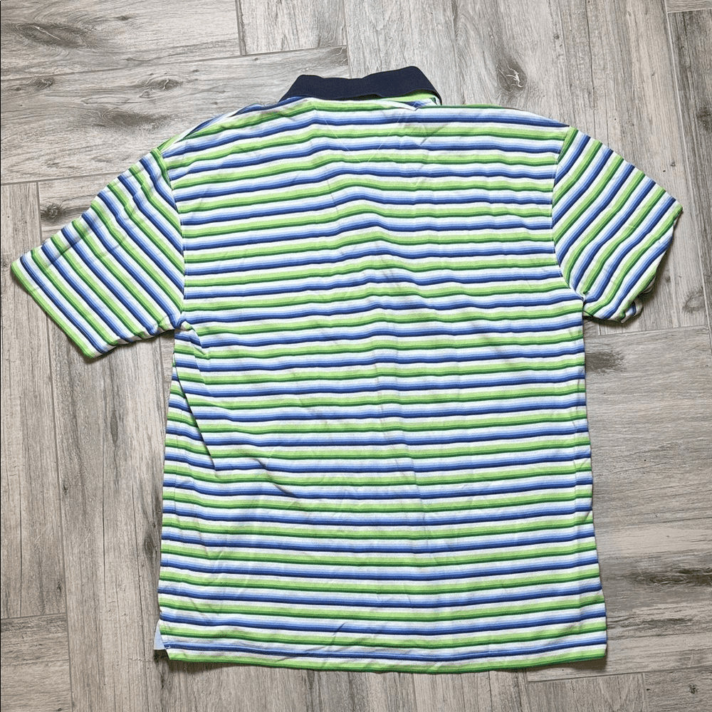 Tommy Hilfiger Striped Polo in Lime Green, Blue & White with Navy Collar