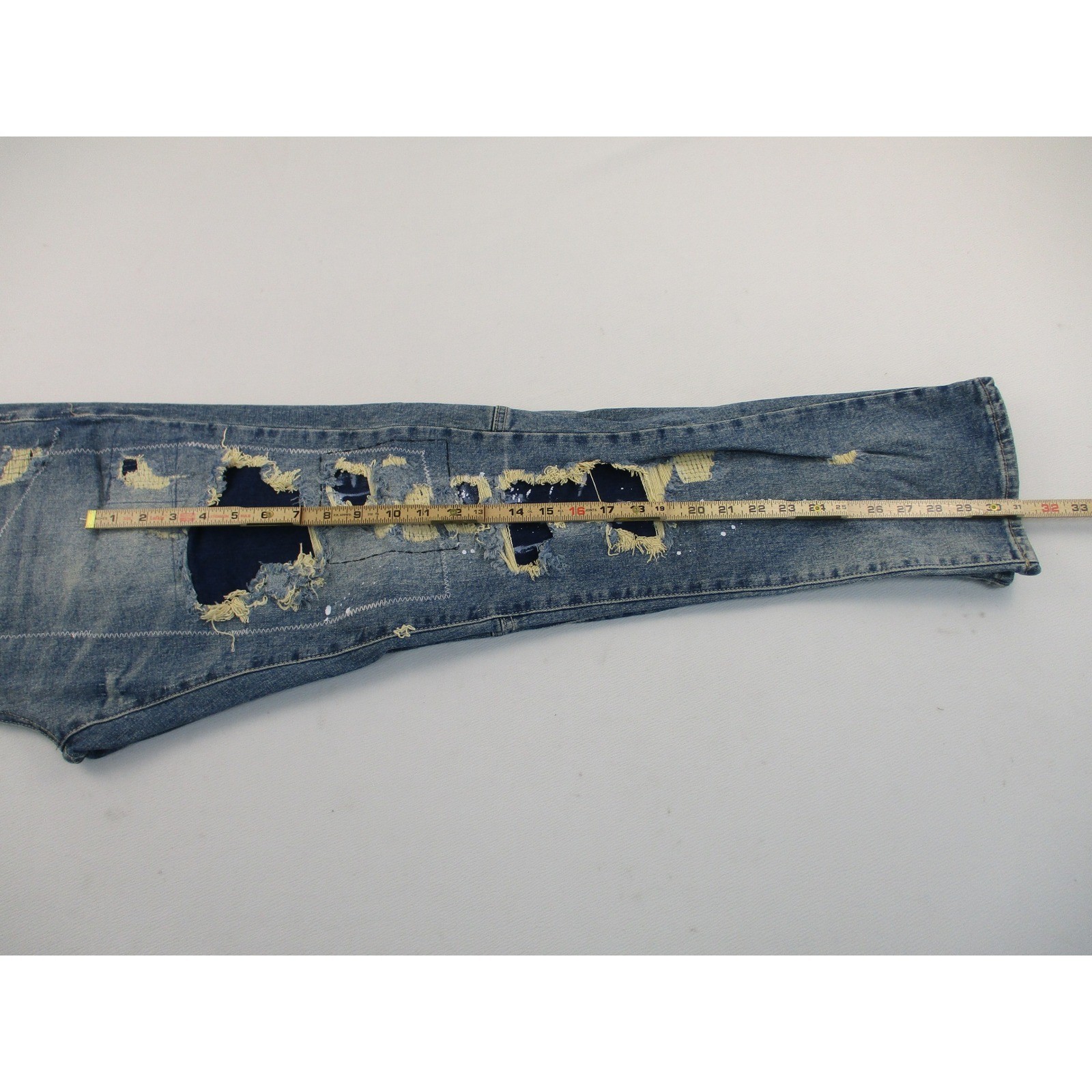 First Row Jeans Men 36 Blue Straight Fit Y2K Distressed Patchwork Splatter