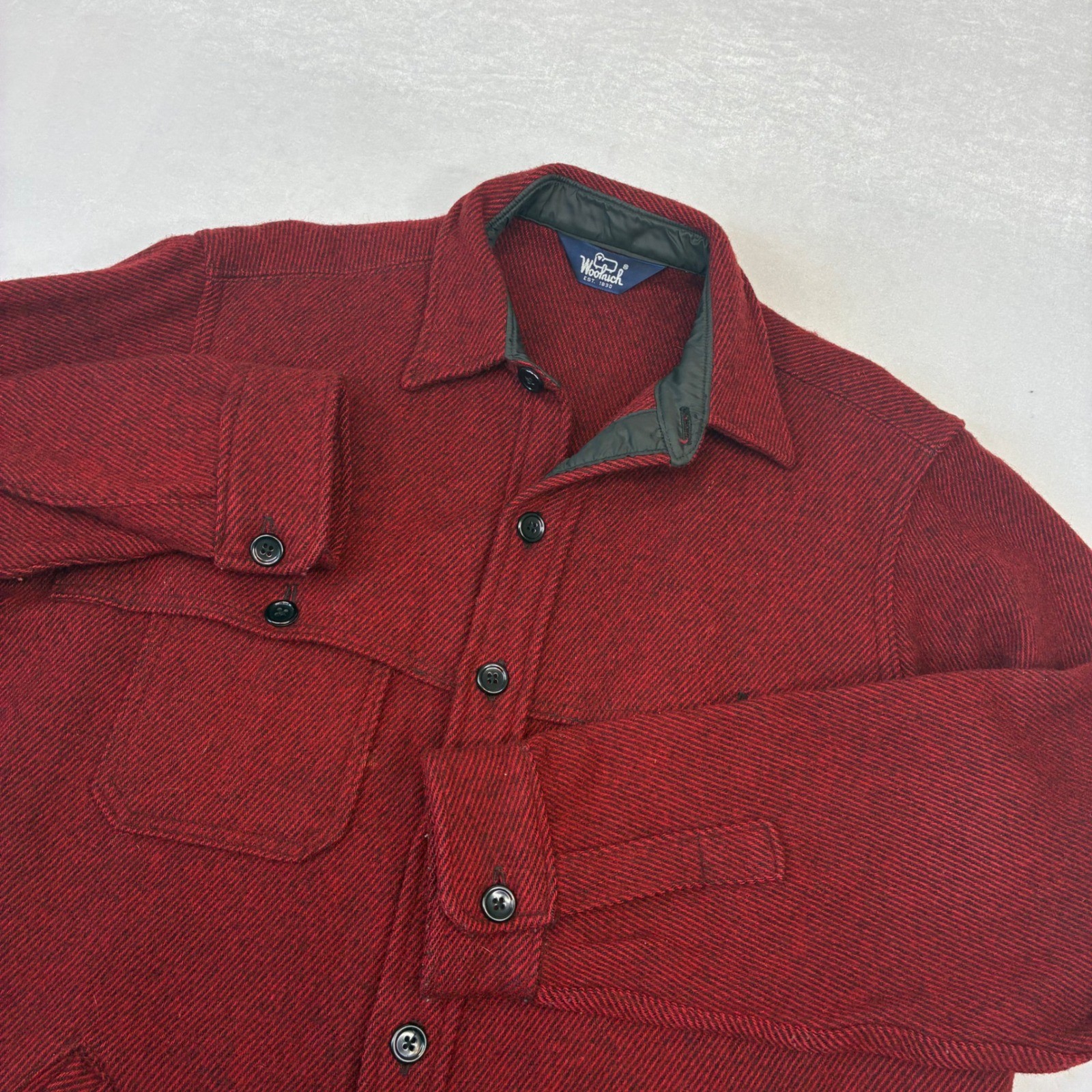 Vintage Woolrich Shirt Jacket Mens XL Red Black Twill Wool Heavyweight Shacket