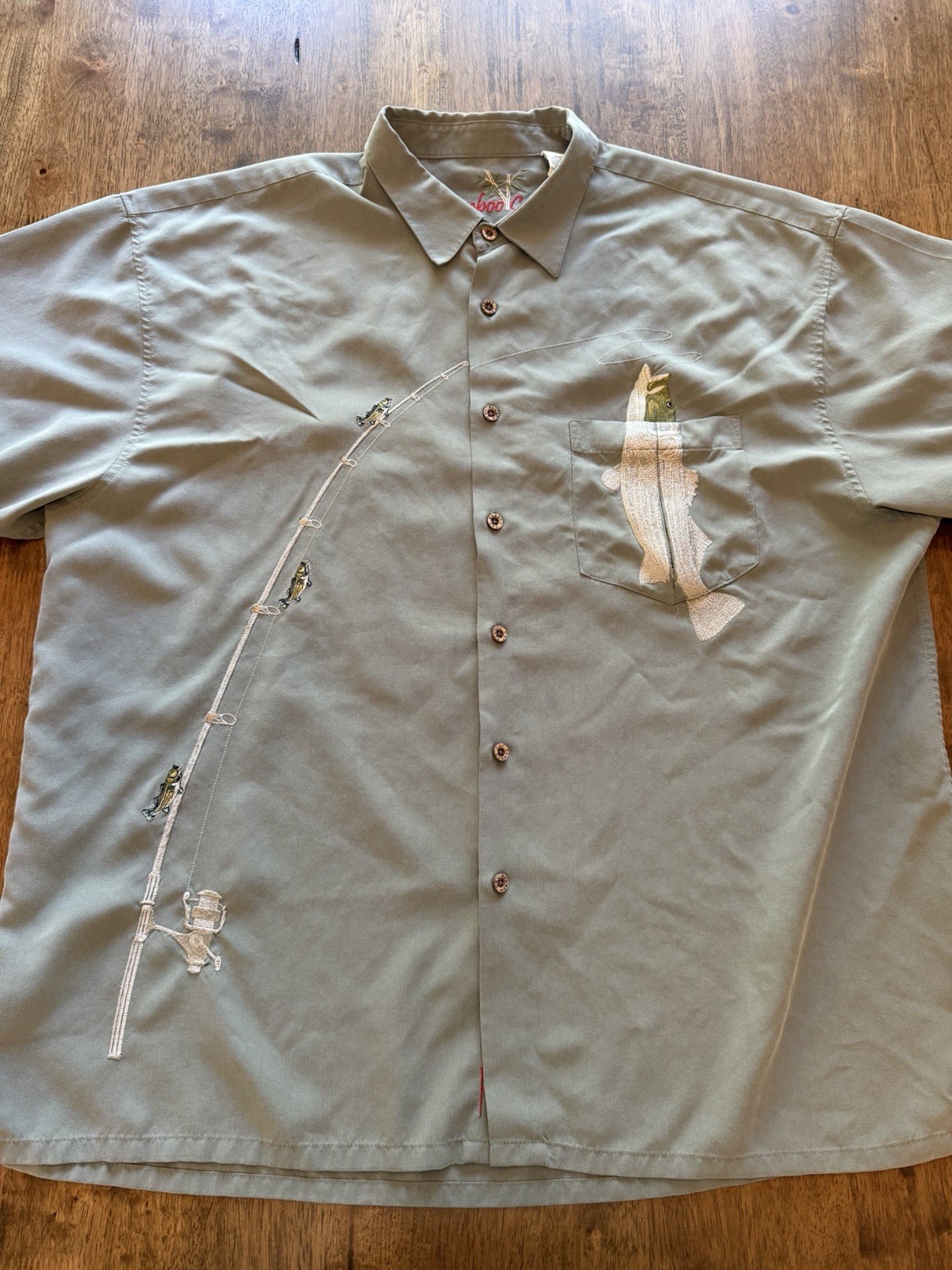 Bamboo Cay Men’s XXL Green Embroidered Fish Short Sleeve Button-Up Pockets