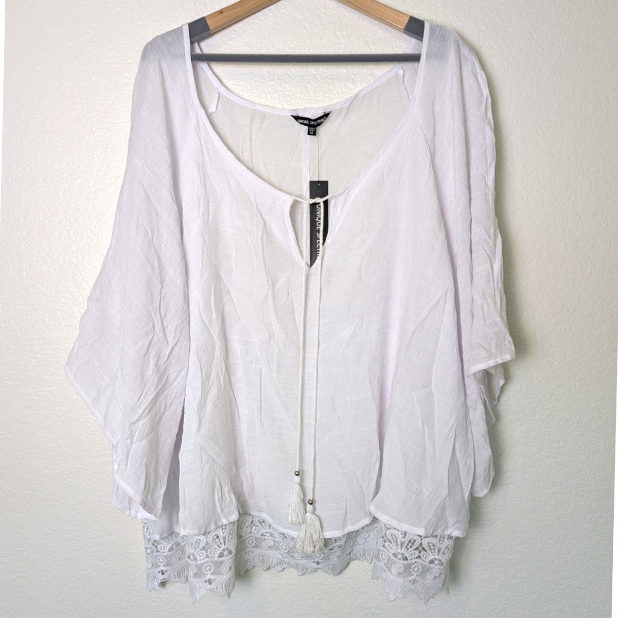 NWT Unique Spectrum White Boho Swim Cover Up Blouse Women 3X Tassel Crochet Lace