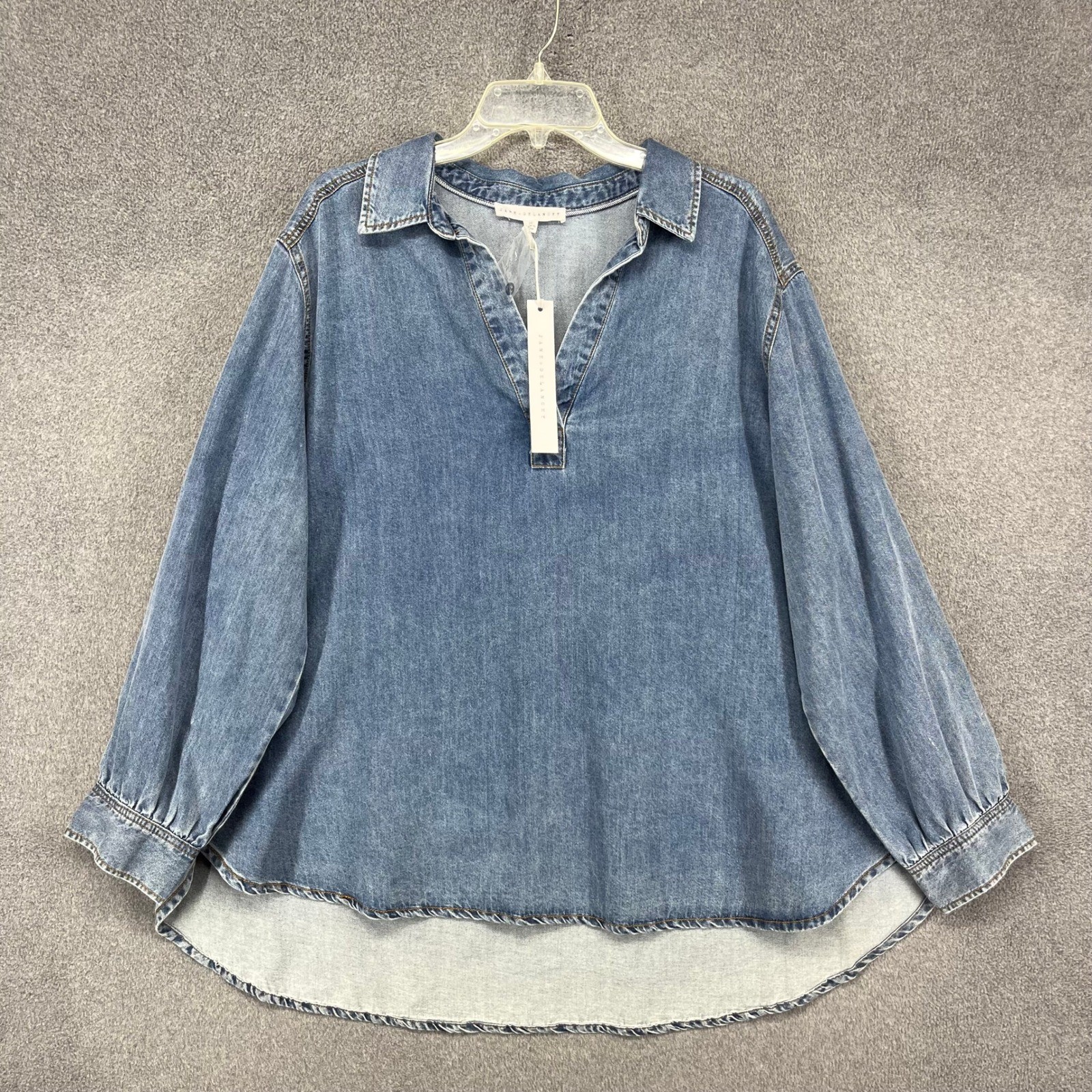 Jane + Delancey Denim Tunic Women 2X Blue Split Neck High-Low Hem Chambray Top