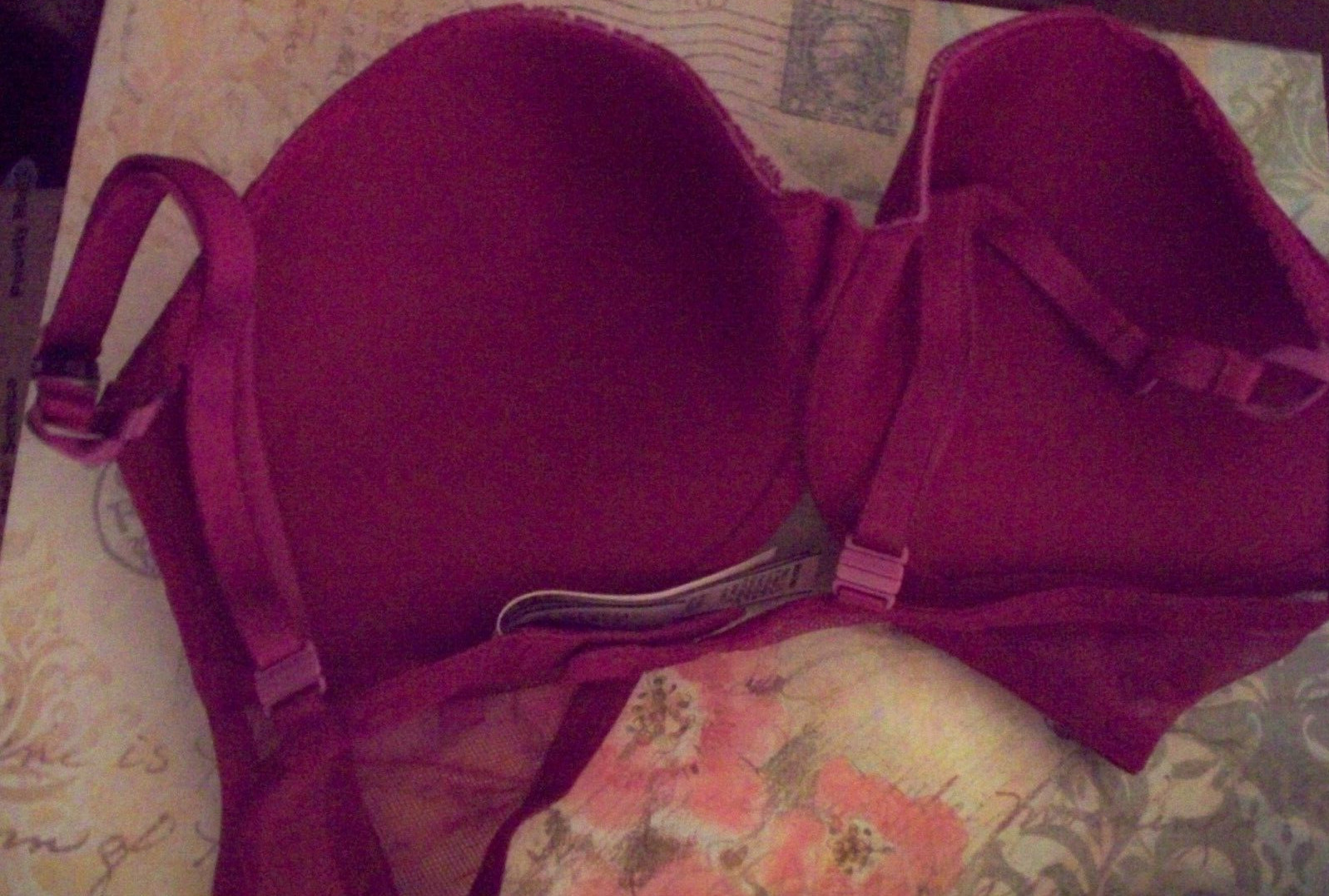 40DD Dark RaspBerry Floral LACE w Mesh Wings Victorias Secret Plunge PU UW Bra