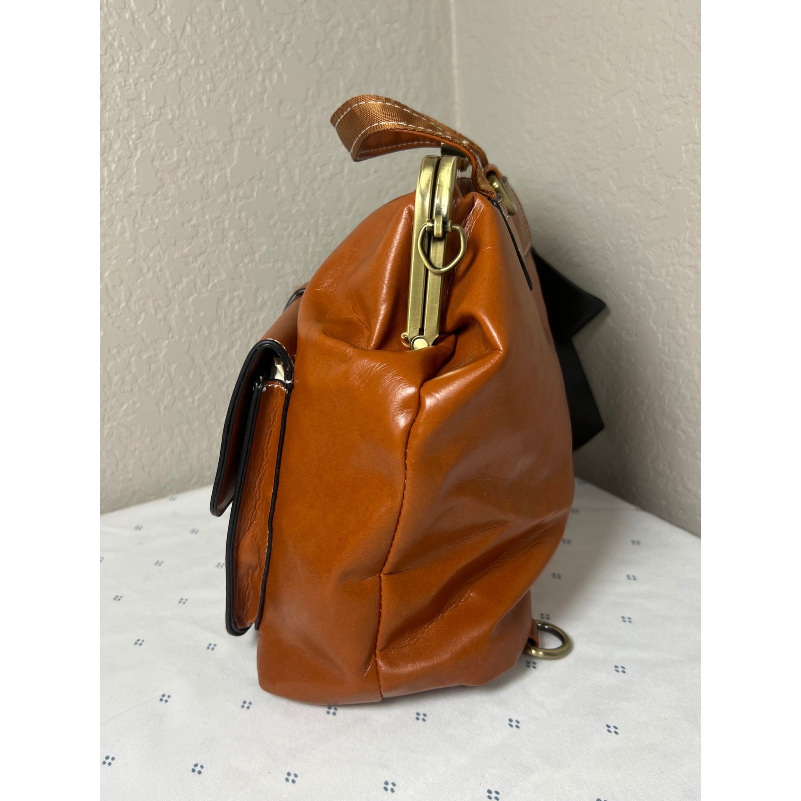 Walasa Love Bag Cognac Brown Split Leather Kiss Lock Convertible Backpack Bow