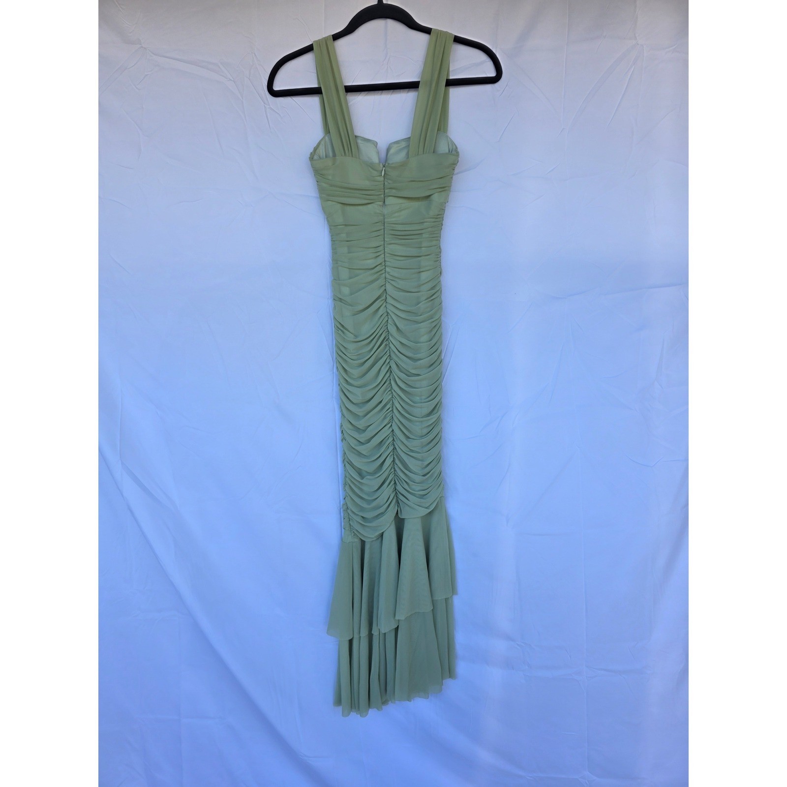 Hello Molly Sage Green Ruched Mesh Dress V-Wire Mermaid Hem Formal Gown NWT XS