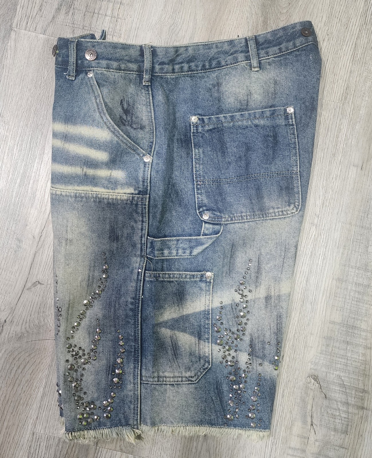 Helostar Men’s Blue Denim Cargo Shorts Medium Wash Rhinestone Fringe Pockets