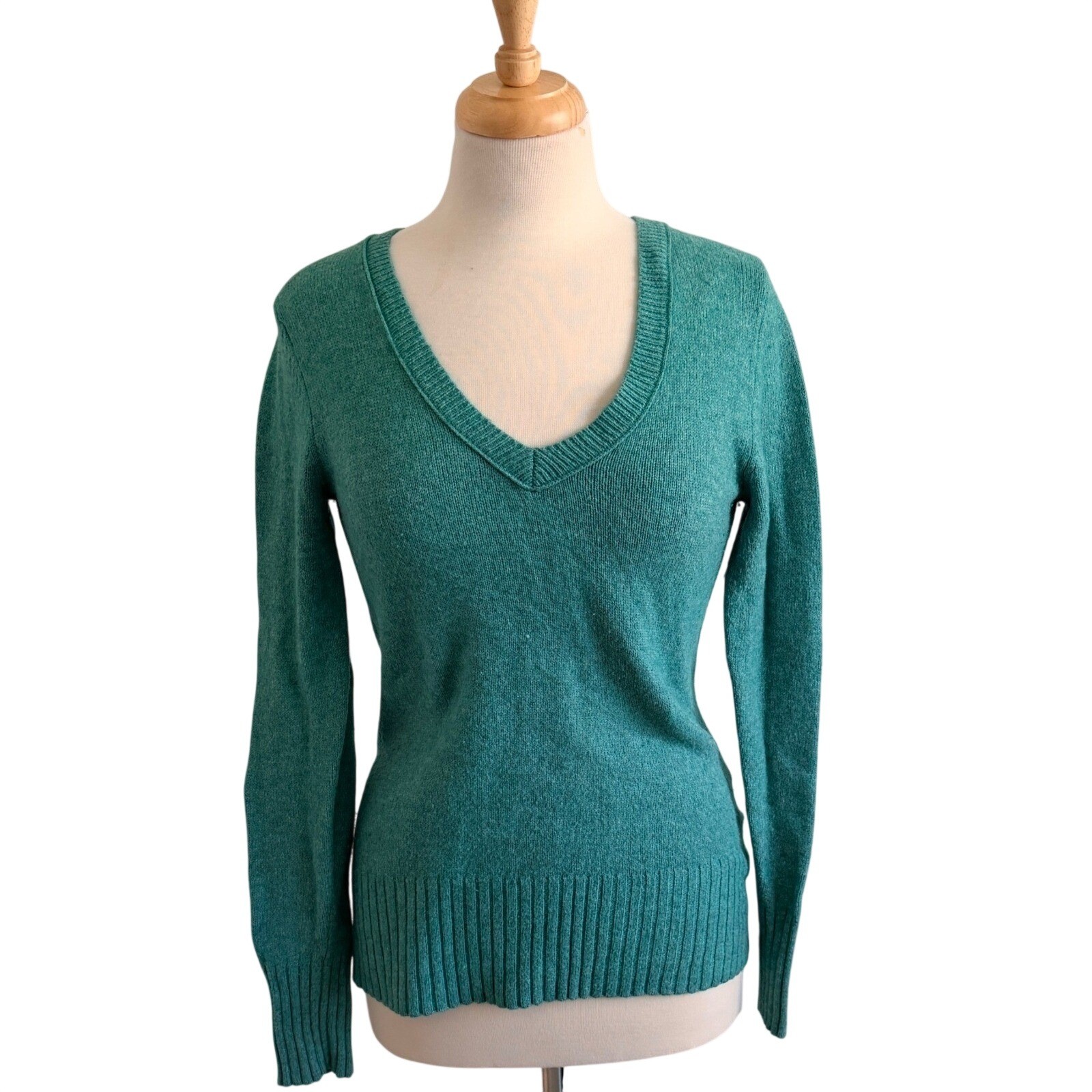 Old Navy V-Neck Sweater Sz M Teal Green Lambswool Angora Blend Knit Preppy