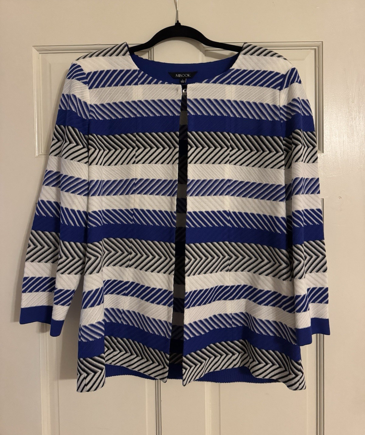 Misook Women’s Blue White Black Striped Zip Front Lined Mid-Length Jacket Size L