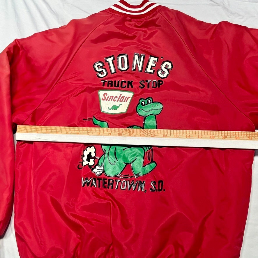 Vintage 80s Hartwell Jacket Mens Medium Red Dinosaur Truck Stop Snaps Sinclair