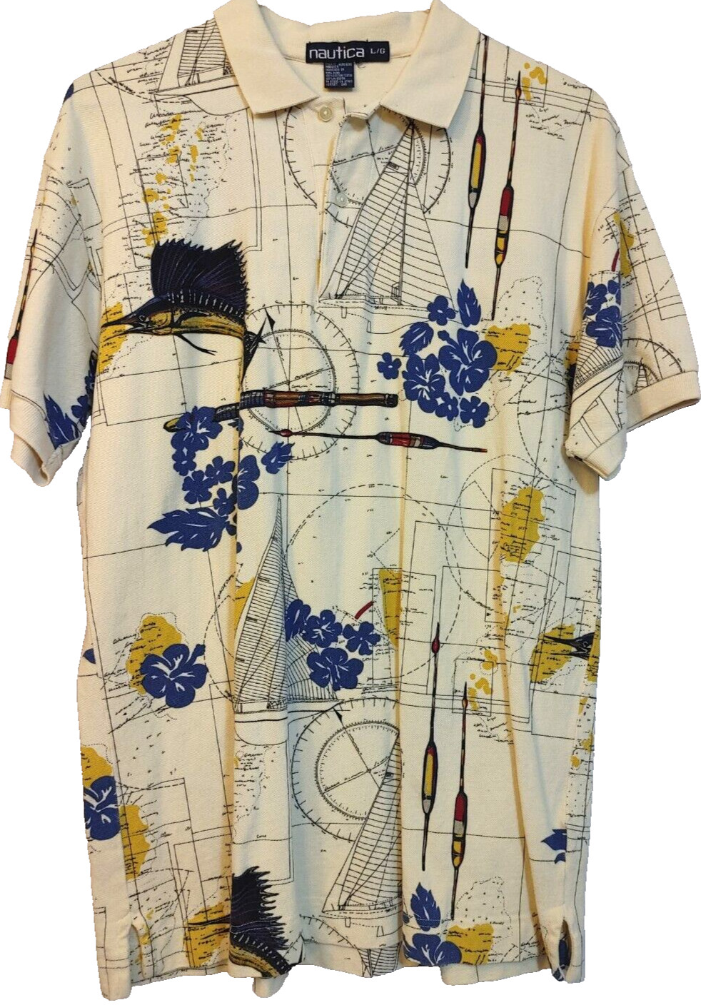 Vintage Nautica SS Polo Shirt, Floral Sailboat Fishing Compass Size Large
