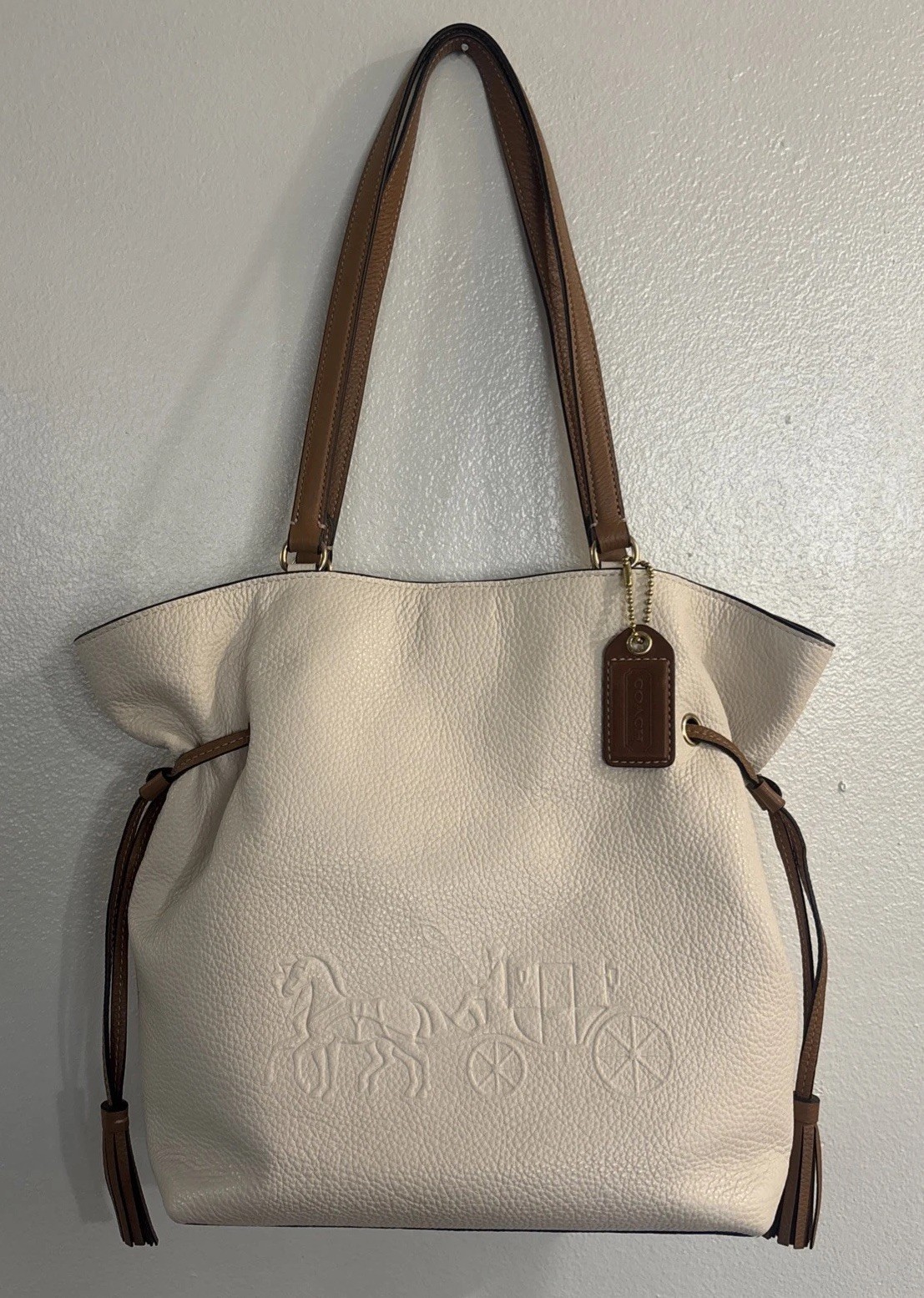 Coach Andy Tote Horse And Carriage Chalk Pebbled Leather With Brown Trim CA165