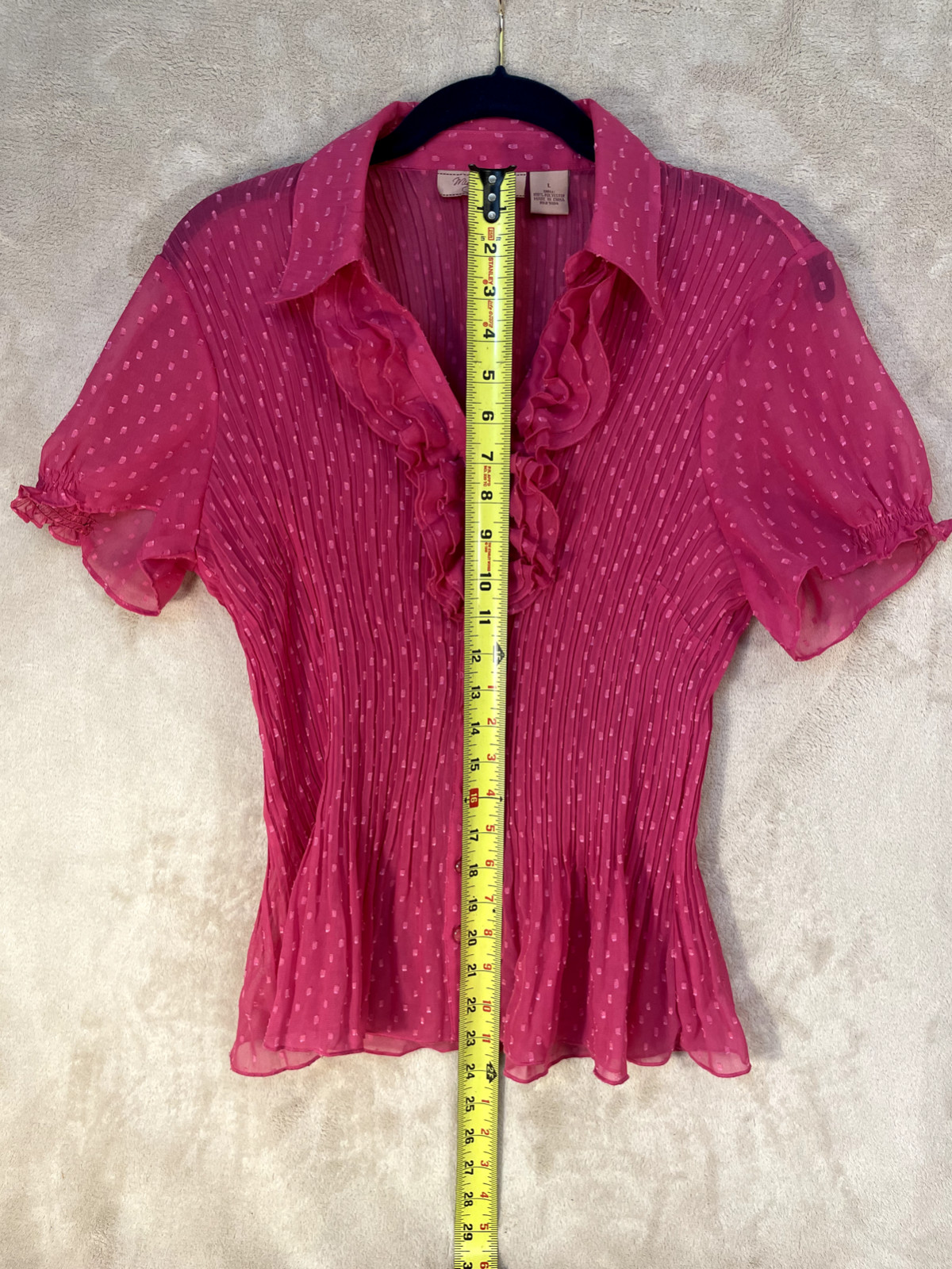 Misty & Max Sz L Women’s Sheer Pink Button Ruffle Collar Blouse Shirred Cuff