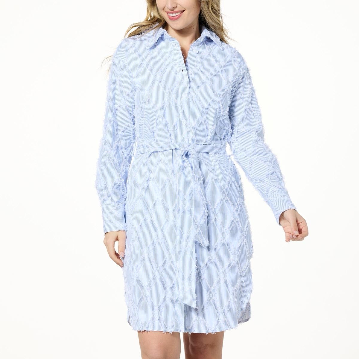 Kathy Ireland Fashion 360 Angelina Belted Shacket Dress Size 1X Sky Blue Stripe