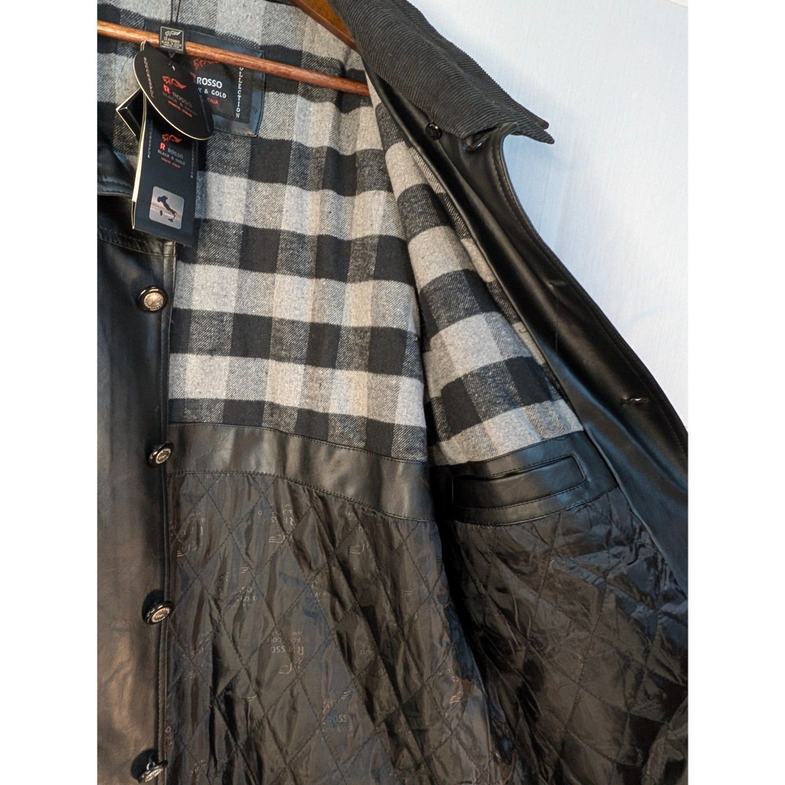 R Rosso Black & Gold Leather Jacket Mens Med. NWT Made In Italy Plaid Lined Coat
