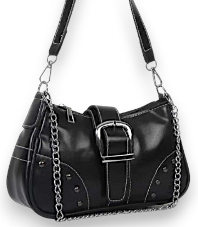 Women’s Black Studded Chain Shoulder Bag with Silver Buckle Moto Purse NEW