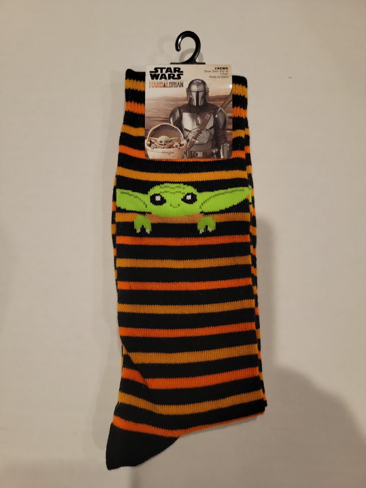 Mandalorian Baby Yoda Grogu Black & Orange Stripe Mens Crew Socks in Size 10-12