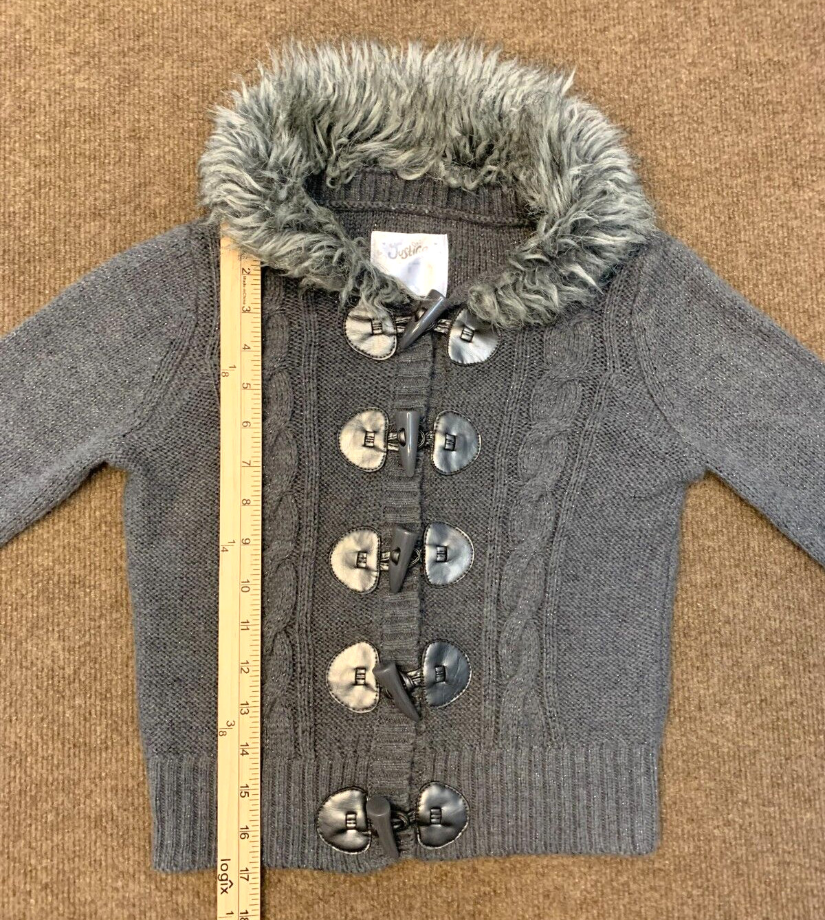 Vintage Justice Sweater Girls 8 Cardigan Fur Collar Cable Knit Toggle Button Y2K