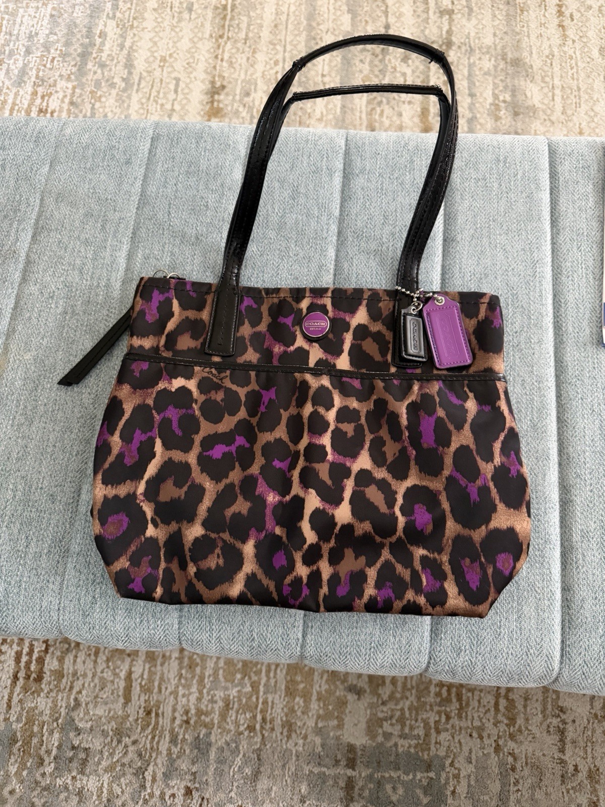 Coach Signature Ocelot Leopard Print Tote F25282 – Black/Purple/Brown Sateen
